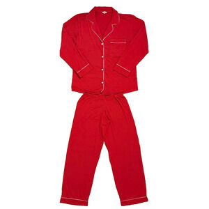 eberjey Gisele Long PJ Set Women Small Holly Red Ivory Pajamas Soft GUC *Hole